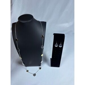 Talbots Two Tone Hammered Disc Station Necklace and Earring Set Silver Gold Tone